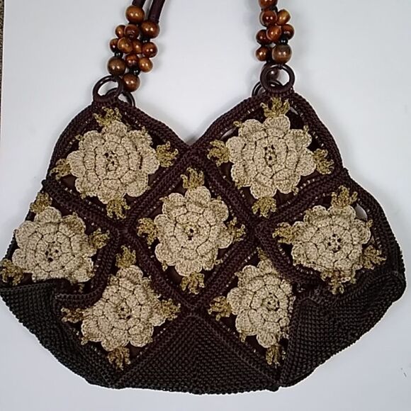 VTG, Crochet Style Retro Handmade Floral Handbag And Shoulder Bag Brown And Gold - Picture 8 of 16